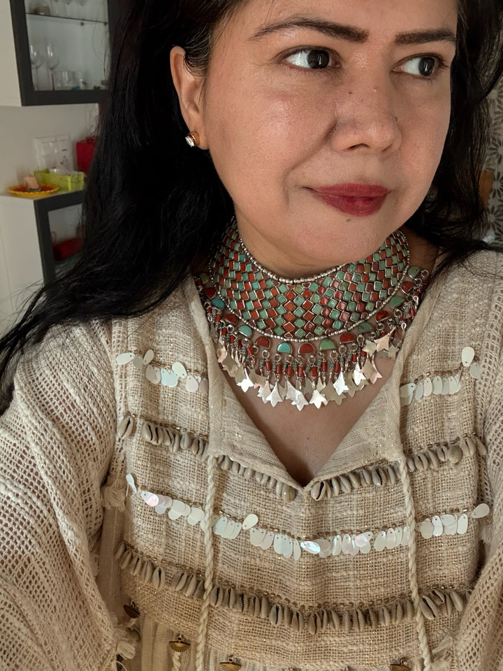 Tasseled 925 Silver Coral & Turquoise Choker Set– SHIVKA