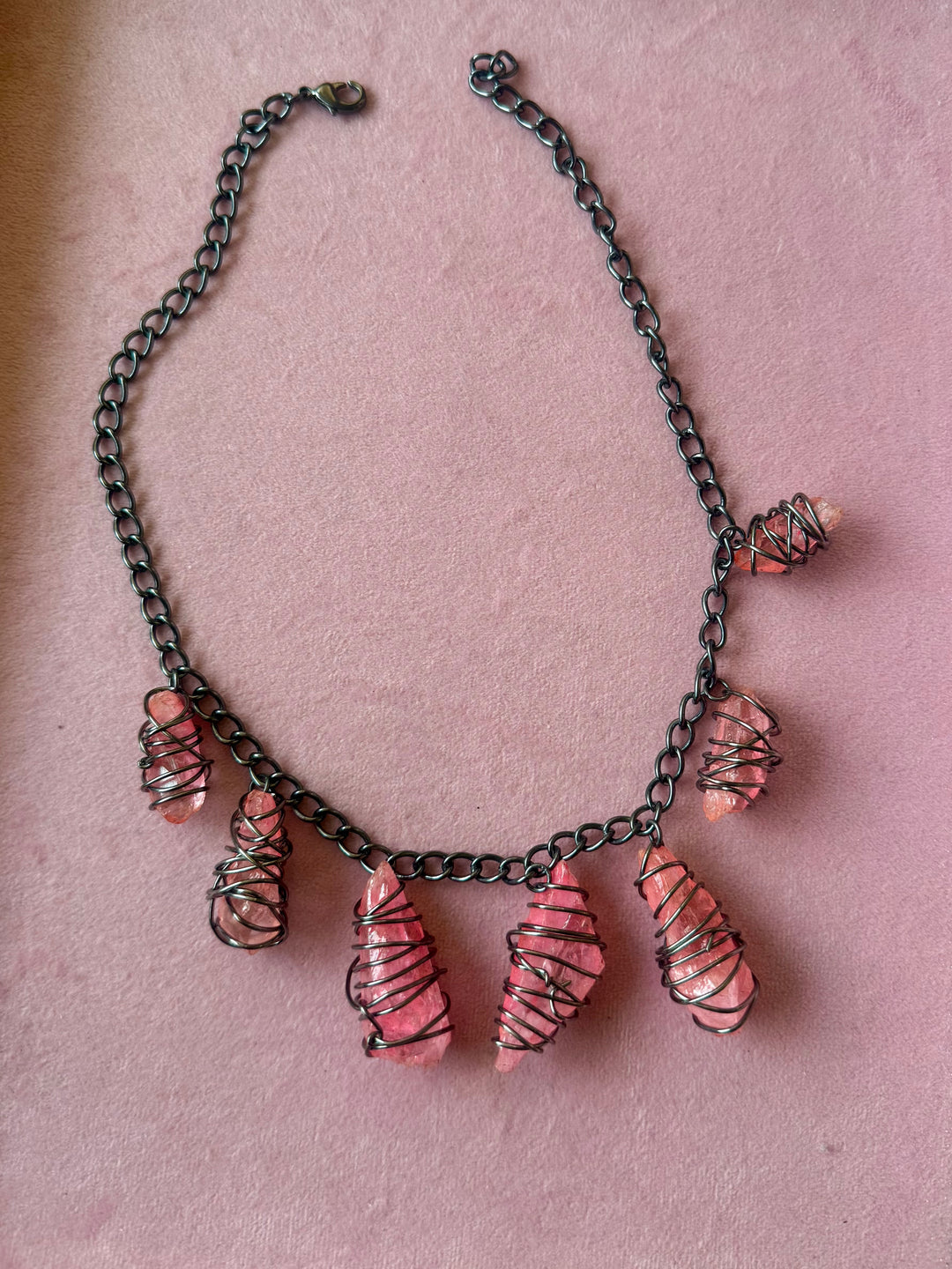 Pink Quartz Statement Necklace in Black Rhodium Finish