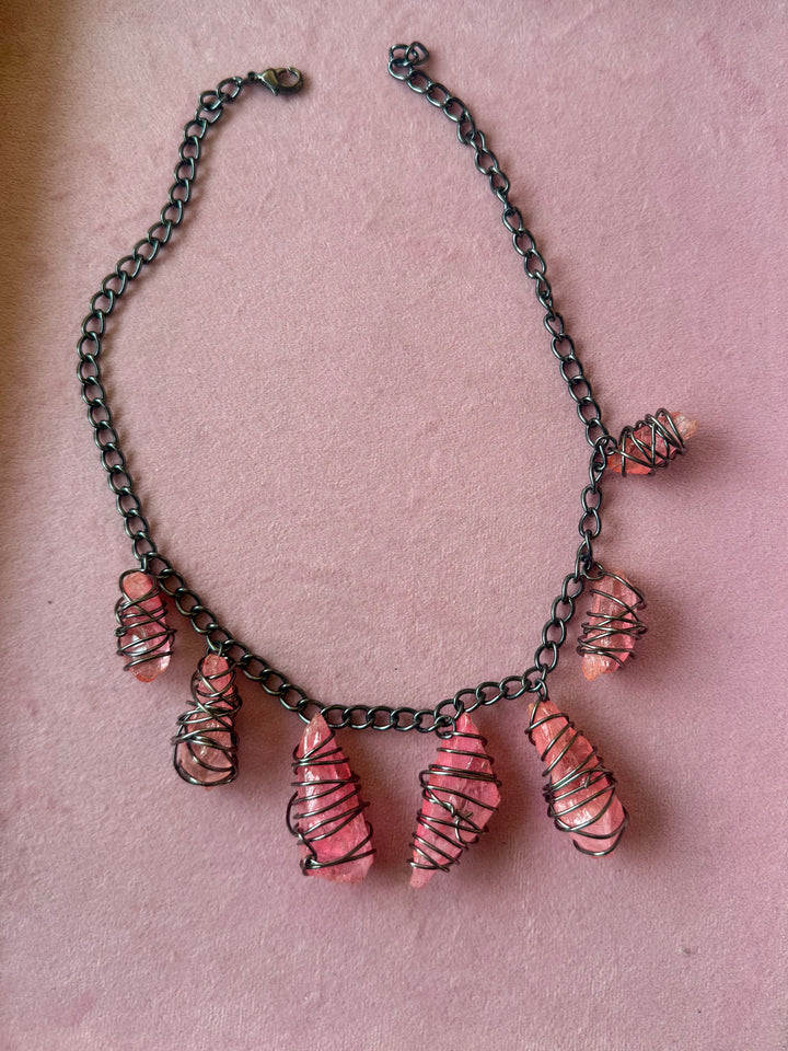 Pink Quartz Statement Necklace in Black Rhodium Finish