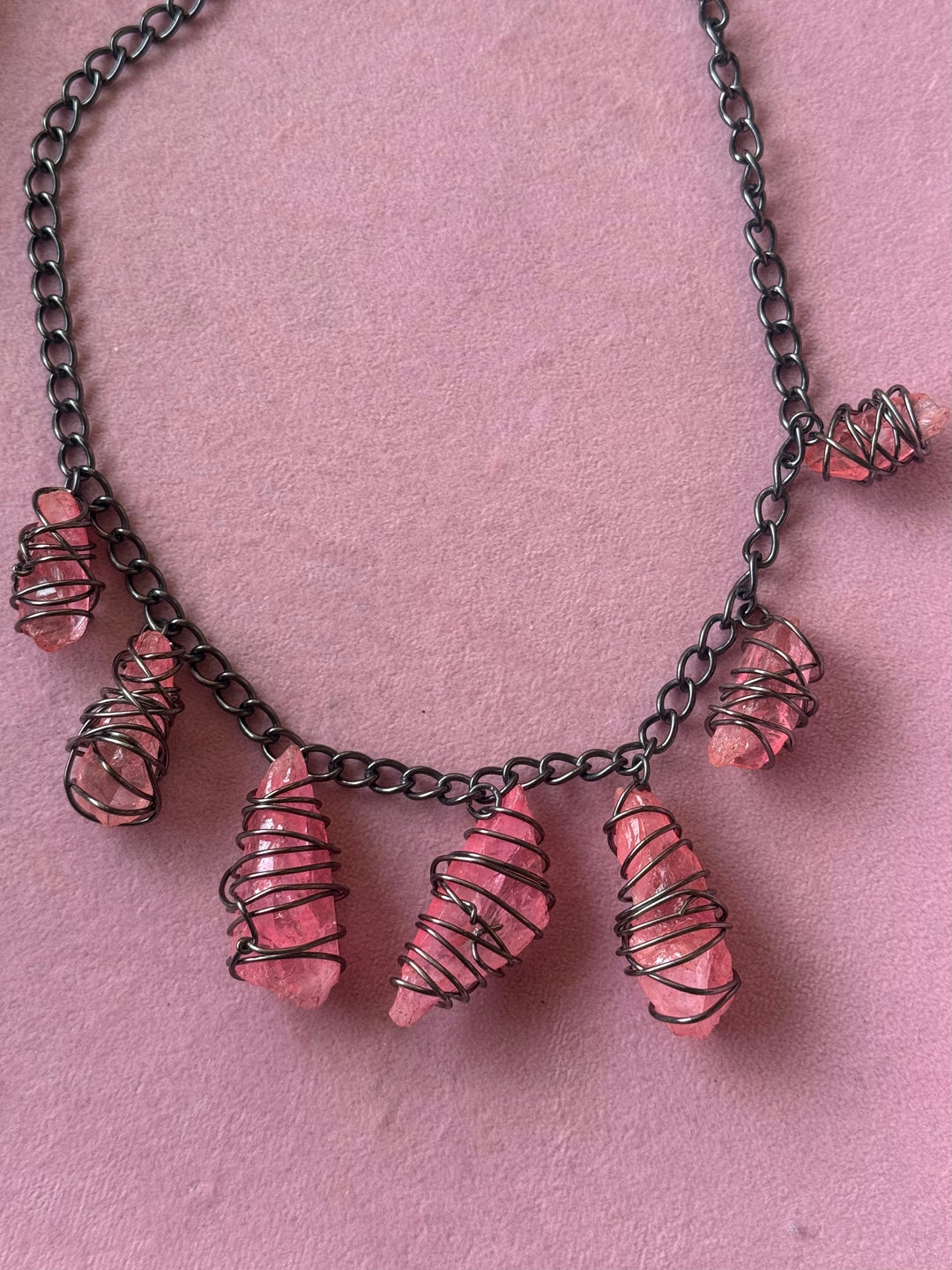 Pink Quartz Statement Necklace in Black Rhodium Finish