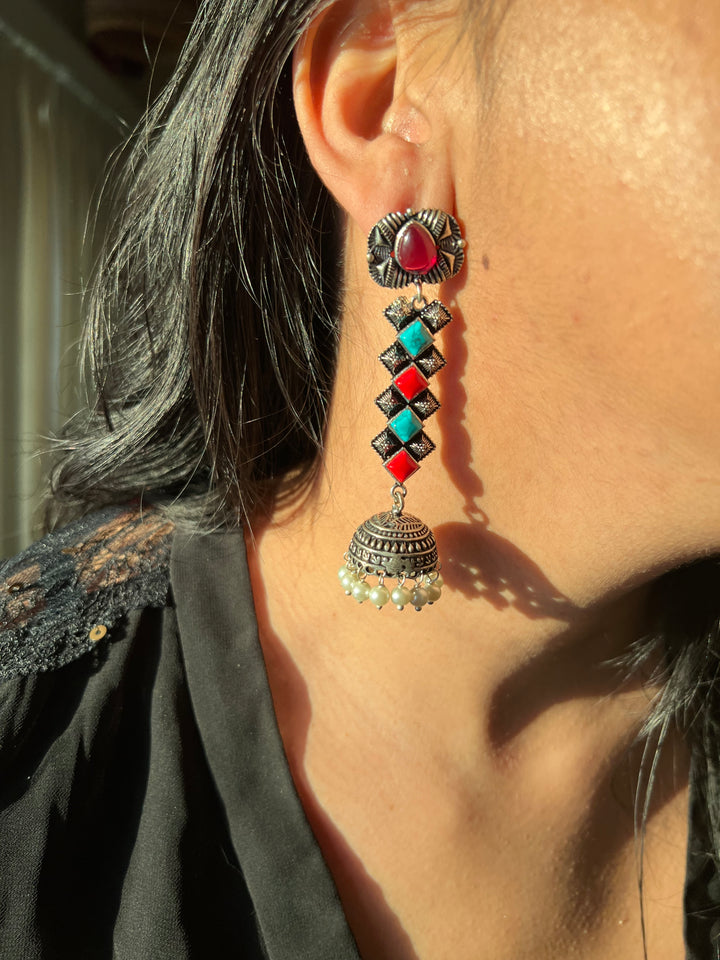 Antique Oxidized Earrings with Pearls & Stones – Timeless Elegance