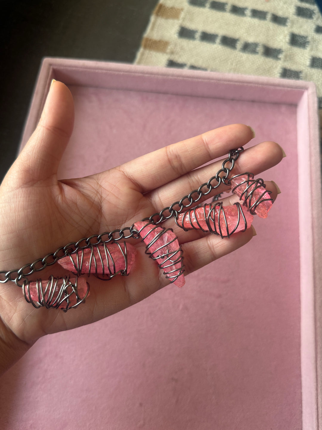 Pink Quartz Statement Necklace in Black Rhodium Finish
