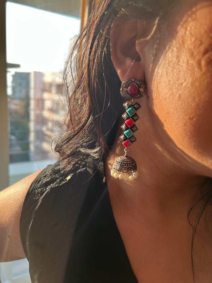 Antique Oxidized Earrings with Pearls & Stones – Timeless Elegance