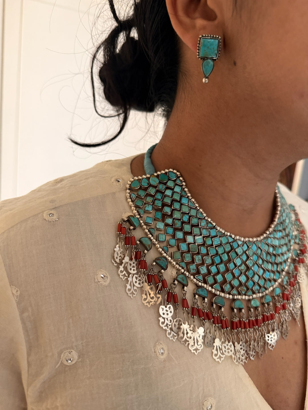 The Turquoise Sultan's Cascade | Tasseled 925 Silver Choker Set
