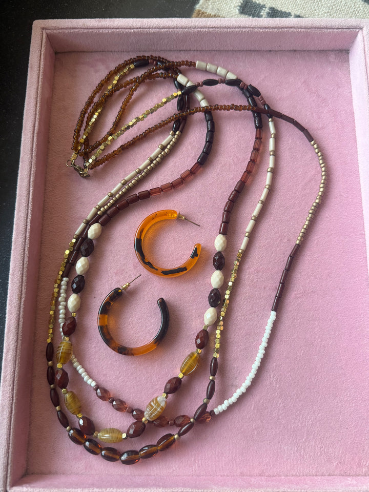 Antique Gold and Brown Beaded Necklace with Hoop Earrings
