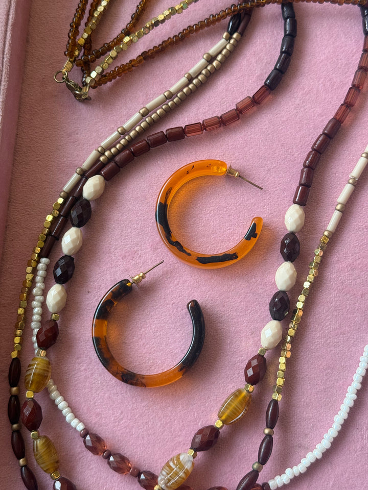 Antique Gold and Brown Beaded Necklace with Hoop Earrings