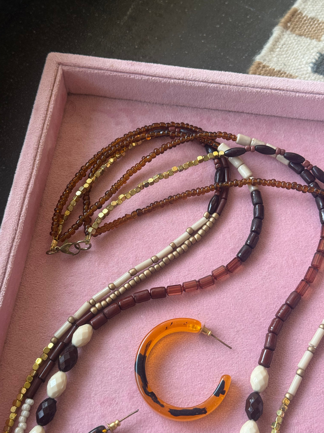 Antique Gold and Brown Beaded Necklace with Hoop Earrings