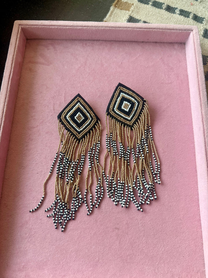 Black and Gold Geometric Tassel Earrings
