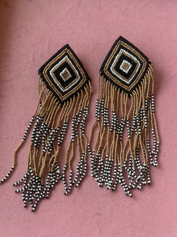 Black and Gold Geometric Tassel Earrings