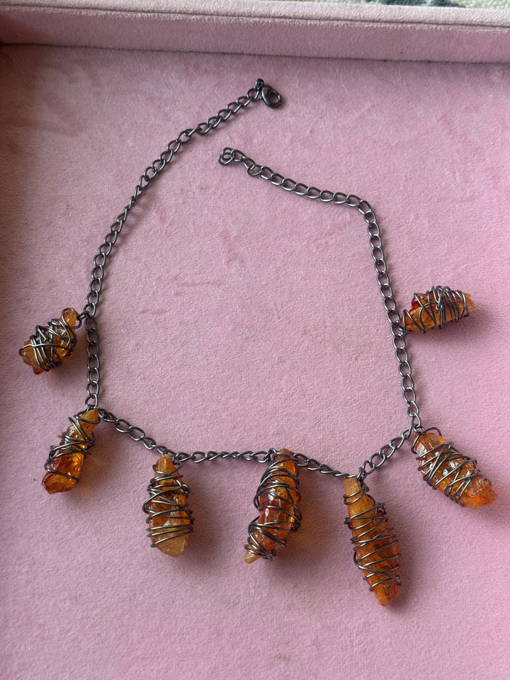 Orange Raw Stone Necklace in Black Rhodium Finish