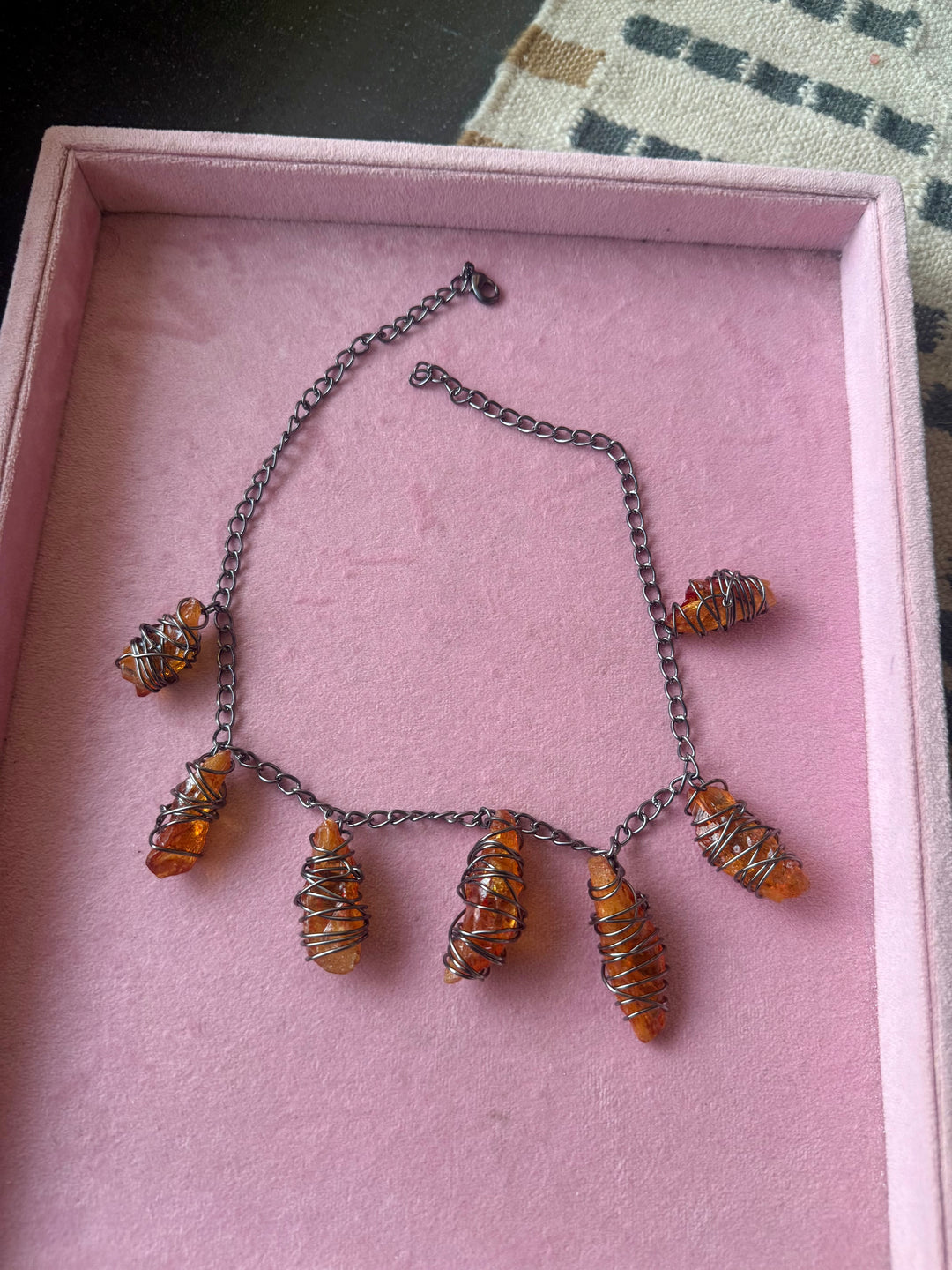 Orange Raw Stone Necklace in Black Rhodium Finish