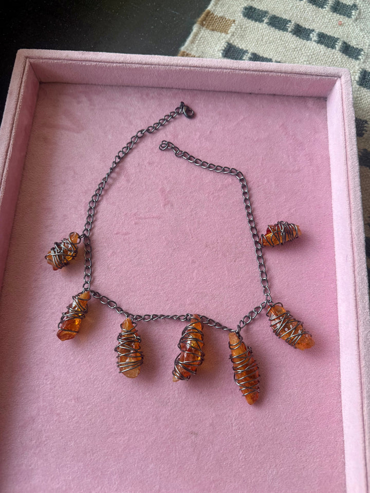 Orange Raw Stone Necklace in Black Rhodium Finish