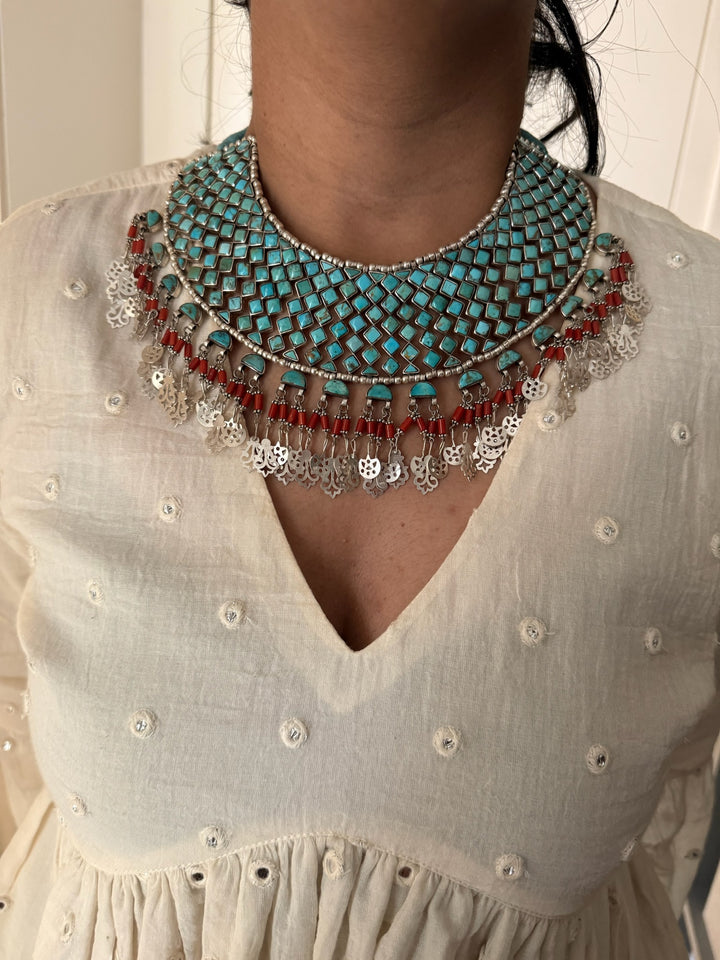 The Turquoise Sultan's Cascade | Tasseled 925 Silver Choker Set