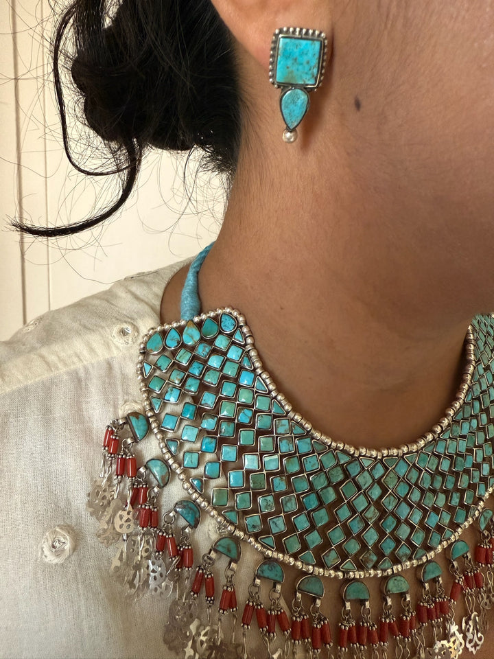 The Turquoise Sultan's Cascade | Tasseled 925 Silver Choker Set