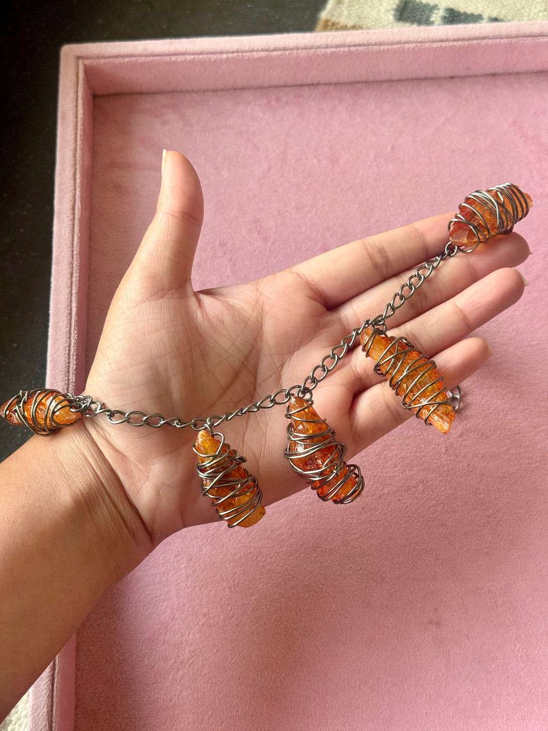 Orange Raw Stone Necklace in Black Rhodium Finish