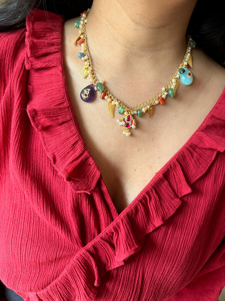 Handmade 925 Silver Multi Gemstone Kundan Necklace | SHIVKA