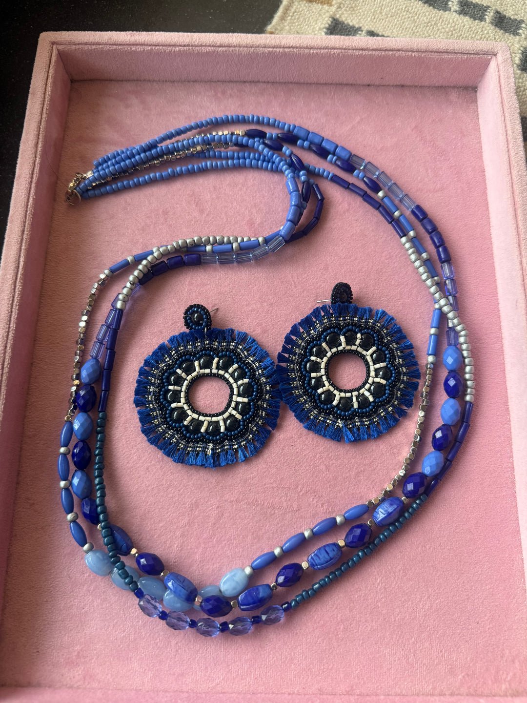 Blue and Silver Beaded Necklace with Statement Earrings