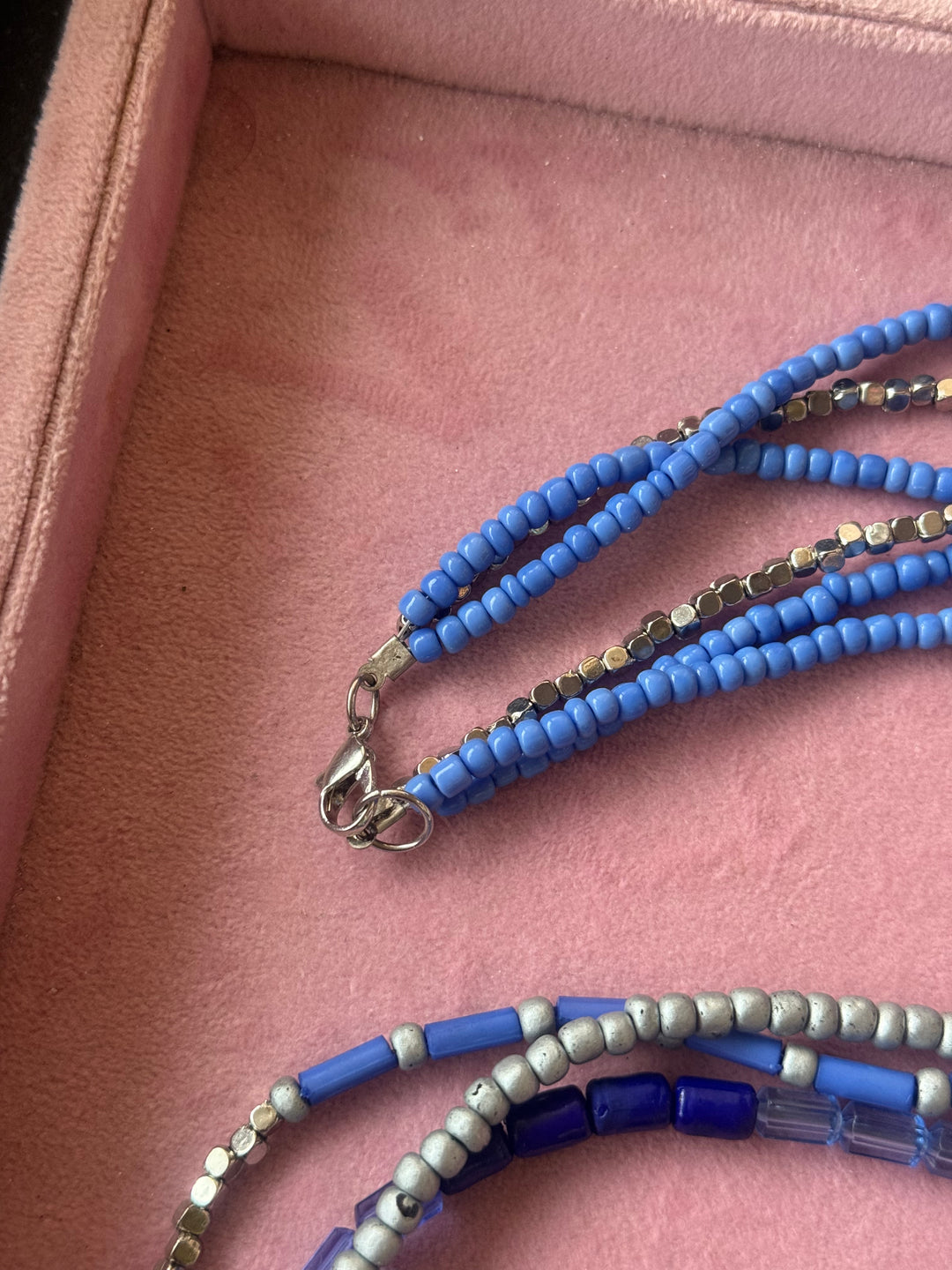 Blue and Silver Beaded Necklace with Statement Earrings