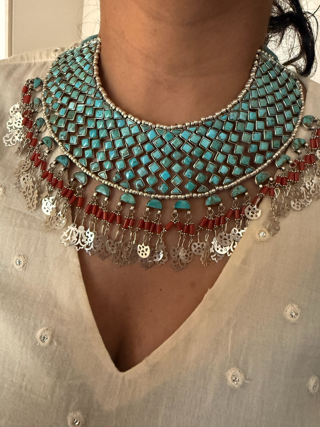 The Turquoise Sultan's Cascade | Tasseled 925 Silver Choker Set