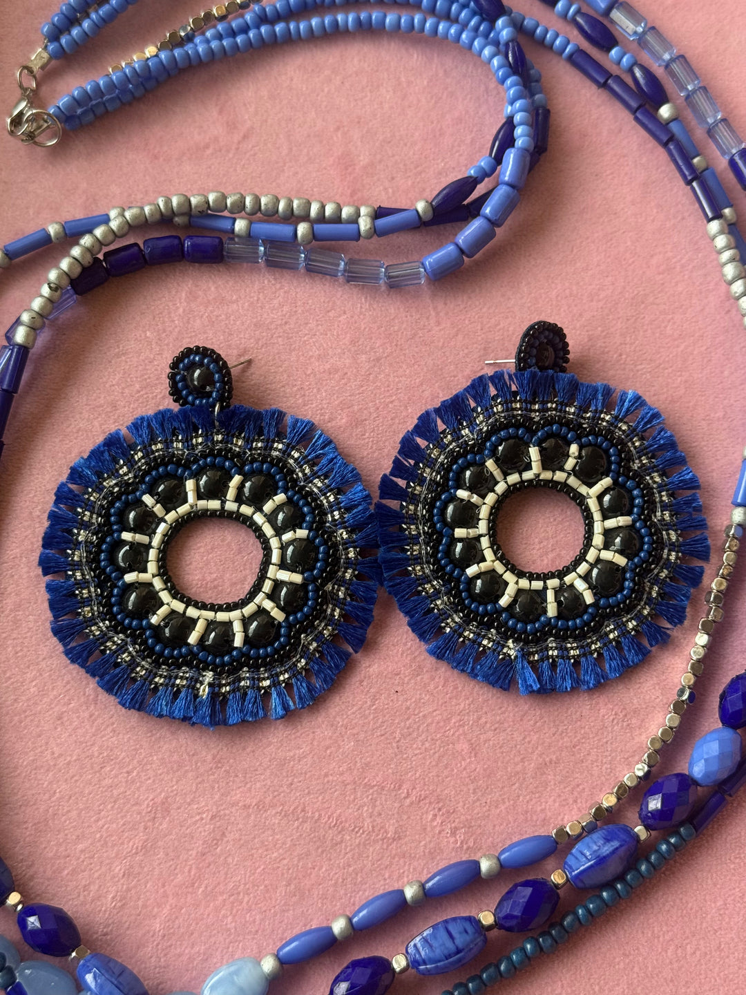 Blue and Silver Beaded Necklace with Statement Earrings