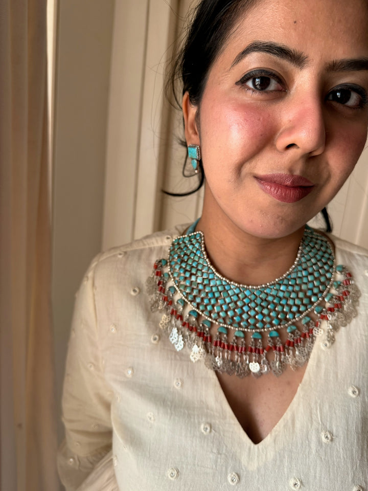 The Turquoise Sultan's Cascade | Tasseled 925 Silver Choker Set
