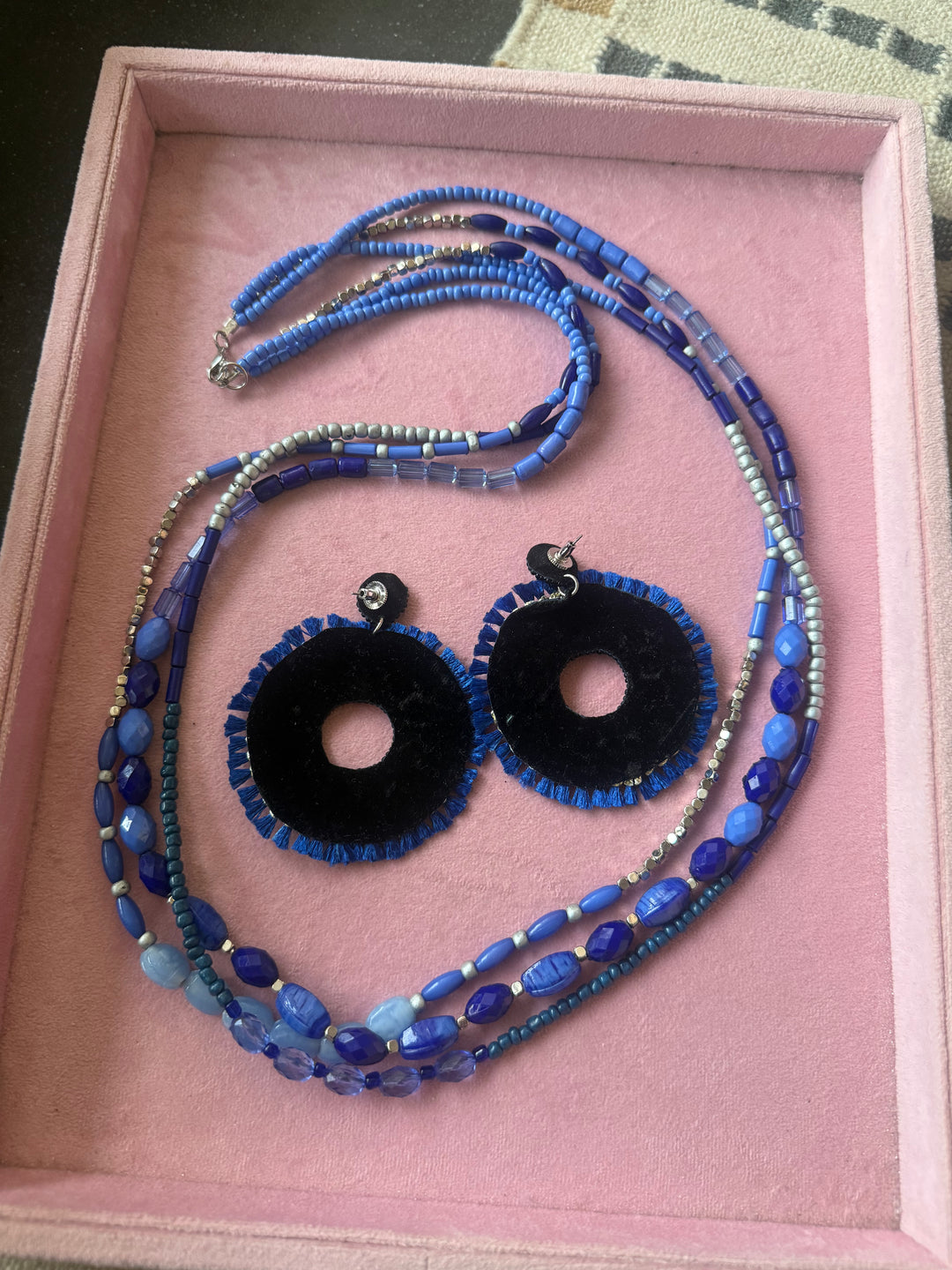 Blue and Silver Beaded Necklace with Statement Earrings