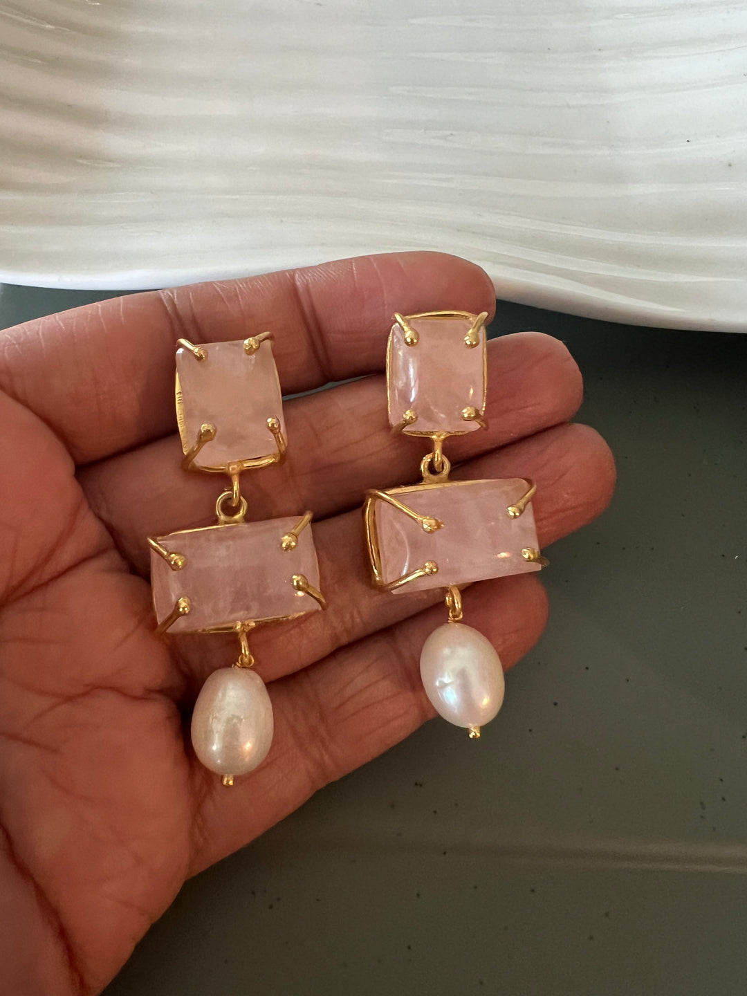 Natural Rose Quartz Pearl Earrings - Premium Quality, Exquisite Craftsmanship