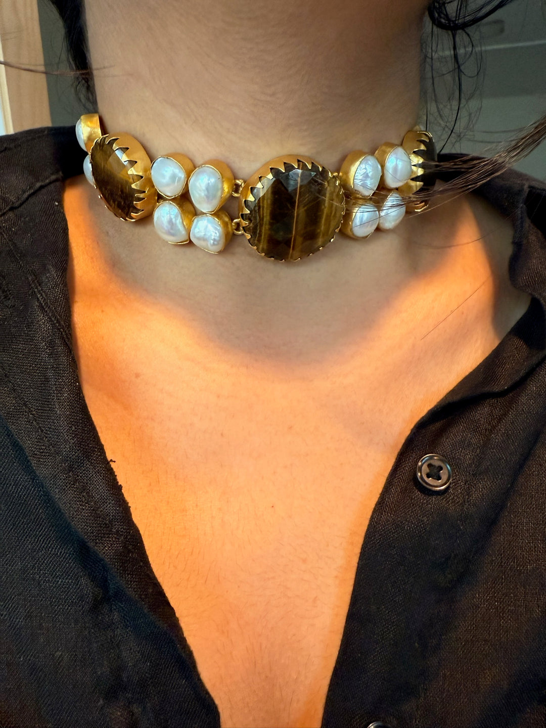 Handmade Brass Choker with Tiger's Eye & Baroque Pearls | Adjustable Modern Gold Polish Necklace by SHIVKA