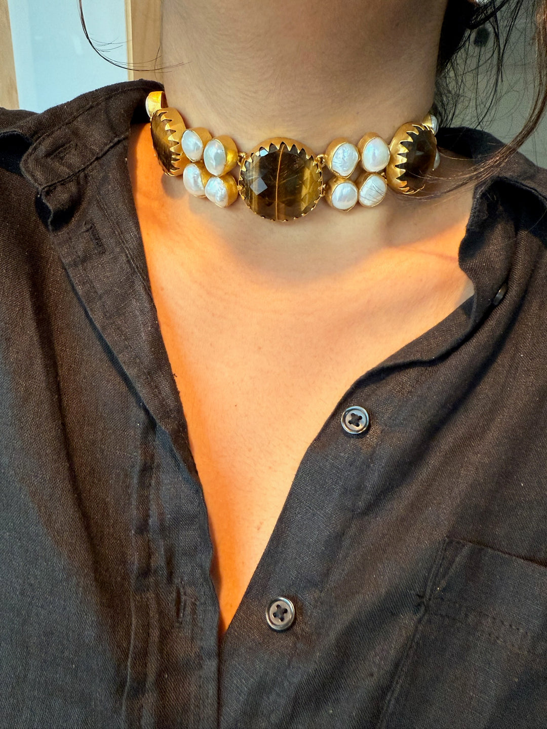 Handmade Brass Choker with Tiger's Eye & Baroque Pearls | Adjustable Modern Gold Polish Necklace by SHIVKA