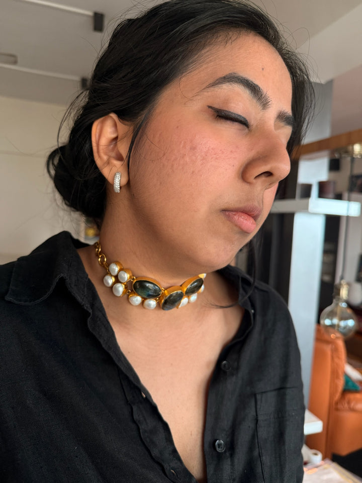 Handmade Brass Choker with Labradorite & Baroque Pearls | Adjustable Modern Gold Polish Necklace by SHIVKA
