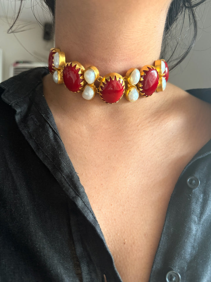Handmade Brass Choker with Corals & Baroque Pearls | Adjustable Modern Gold Polish Necklace by SHIVKA