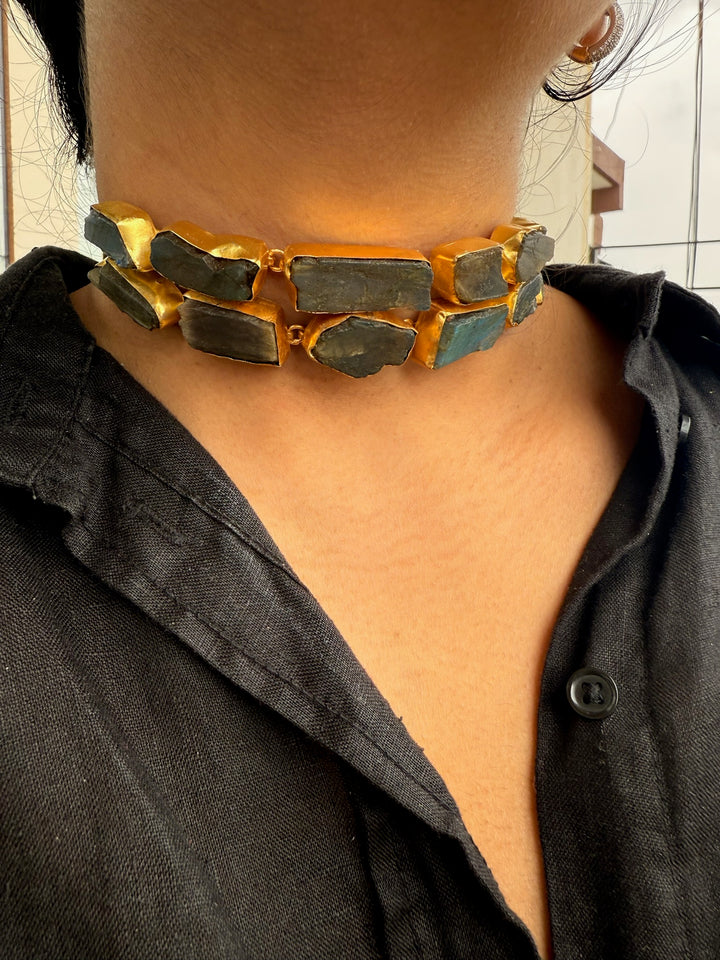 Handmade Choker with Raw Natural Labradorite | Adjustable Modern Gold Polish Necklace by SHIVKA