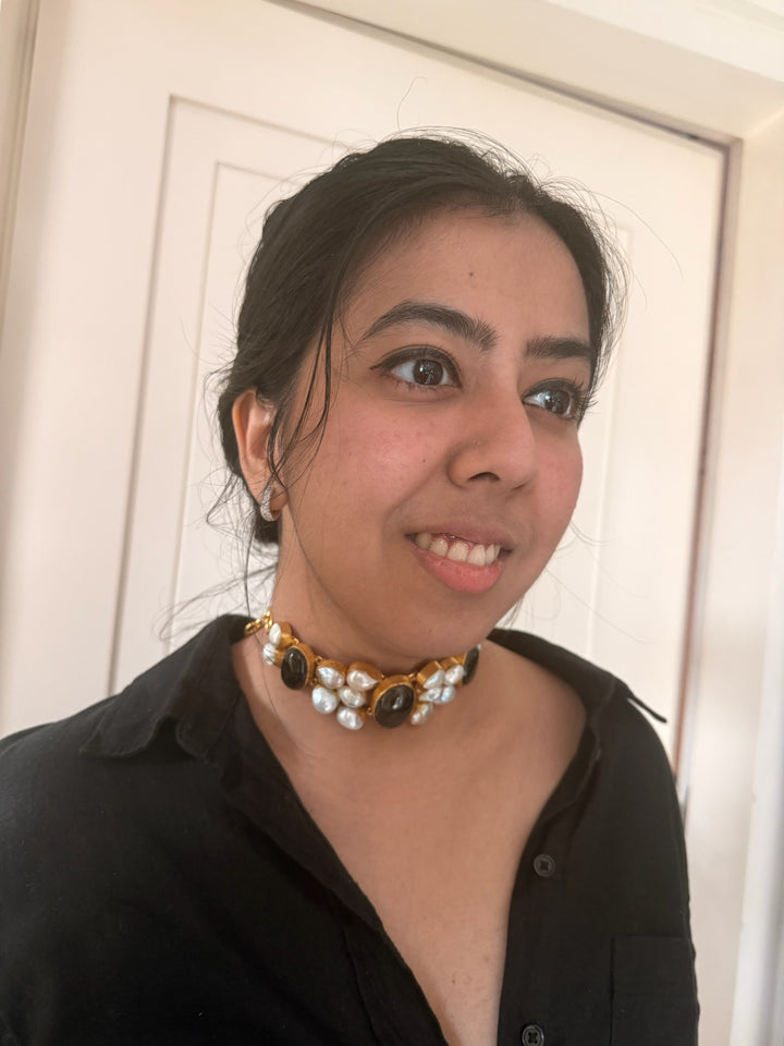 Handmade Brass Choker with Labradorite & Baroque Pearls | Adjustable Modern Gold Polish Necklace by SHIVKA