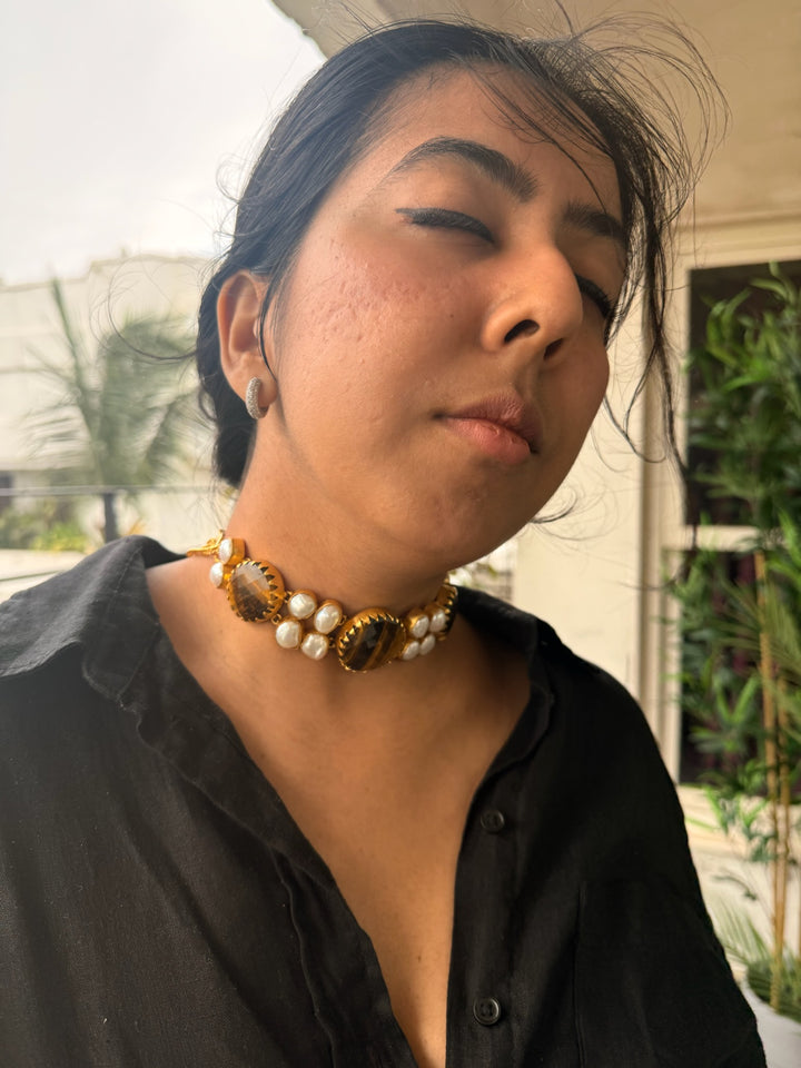 Handmade Brass Choker with Tiger's Eye & Baroque Pearls | Adjustable Modern Gold Polish Necklace by SHIVKA