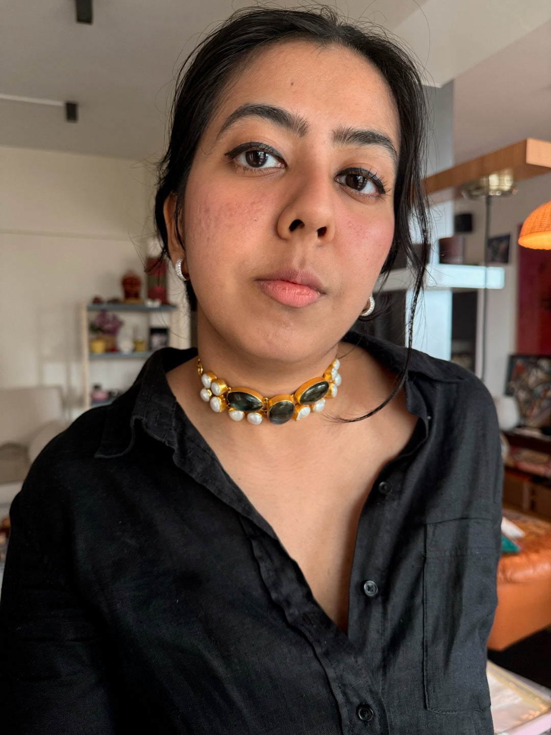 Handmade Brass Choker with Labradorite & Baroque Pearls | Adjustable Modern Gold Polish Necklace by SHIVKA