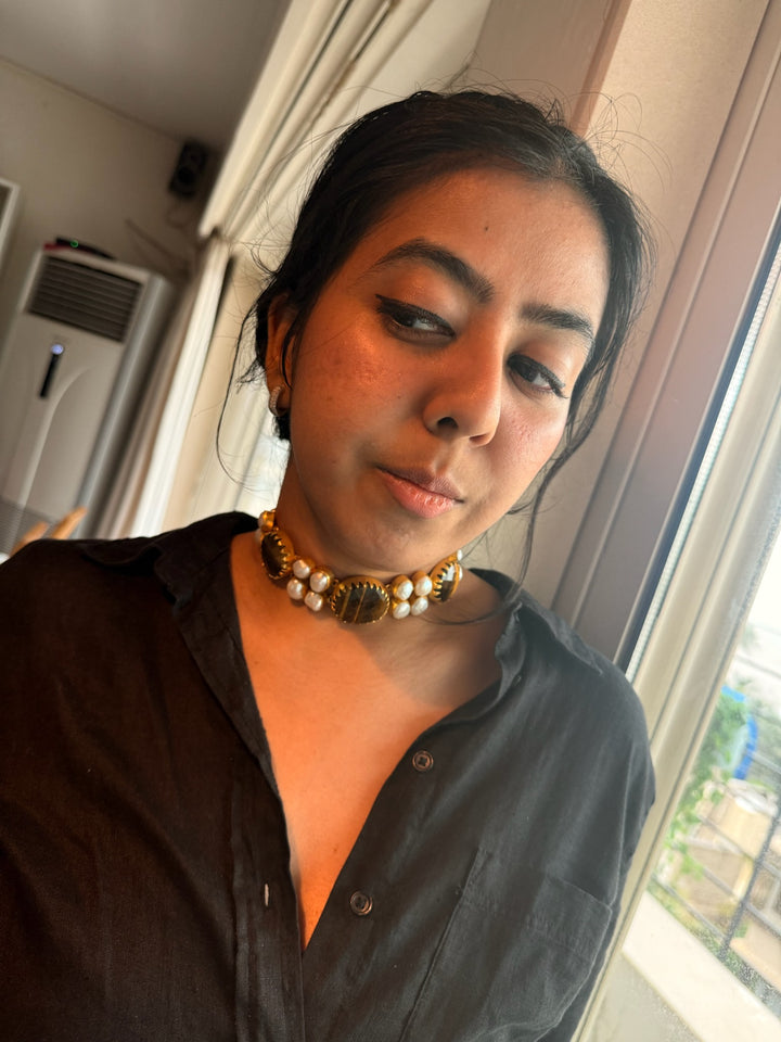Handmade Brass Choker with Tiger's Eye & Baroque Pearls | Adjustable Modern Gold Polish Necklace by SHIVKA