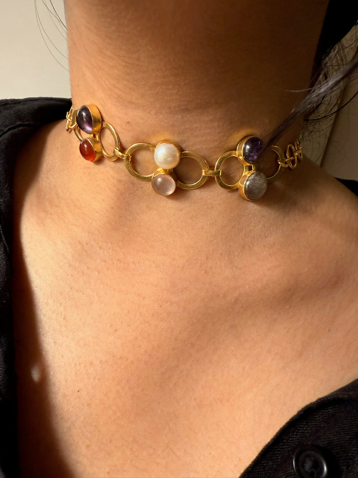 Handmade Brass Choker with Natural Multi Gemstones | Adjustable Modern Gold Polish Necklace by SHIVKA