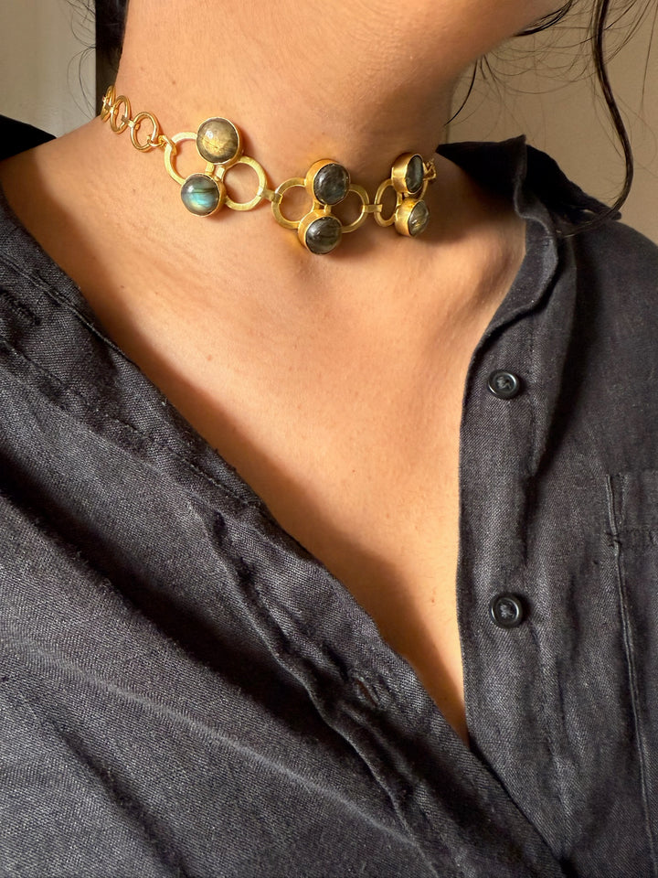Handmade Brass Choker with Natural Labradorite | Adjustable Modern Gold Polish Necklace by SHIVKA