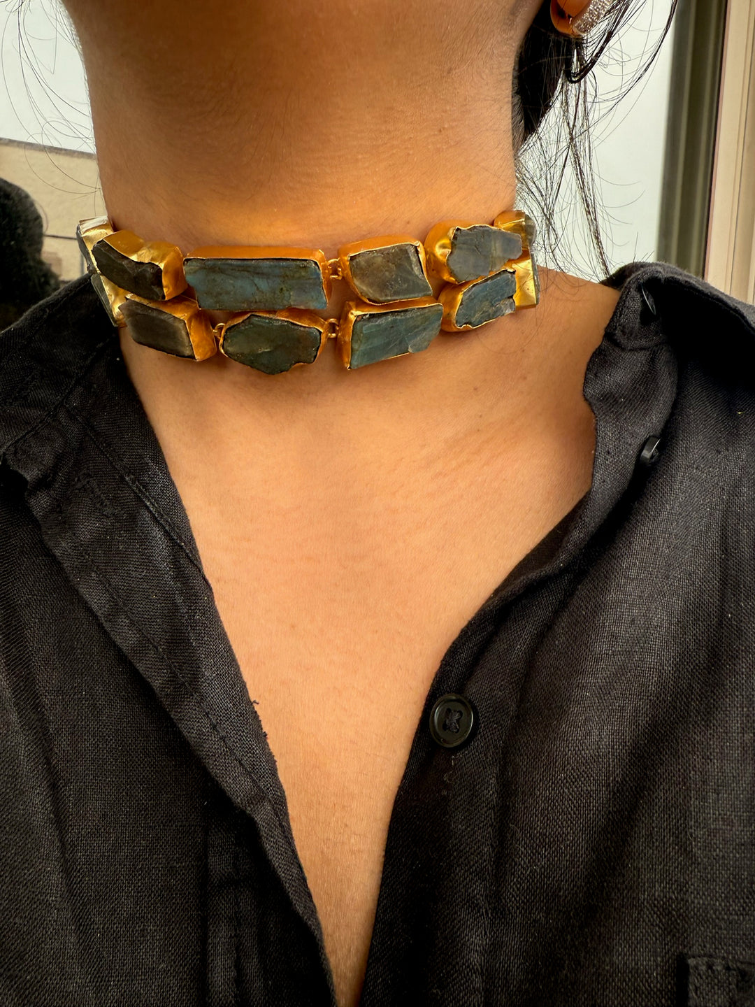 Handmade Choker with Raw Natural Labradorite | Adjustable Modern Gold Polish Necklace by SHIVKA