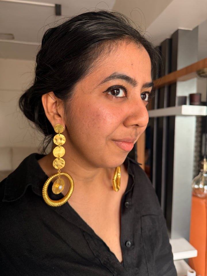Handmade Statement Baroque Pearl Danglers | Modern Gold Polish Brass Earrings by SHIVKA