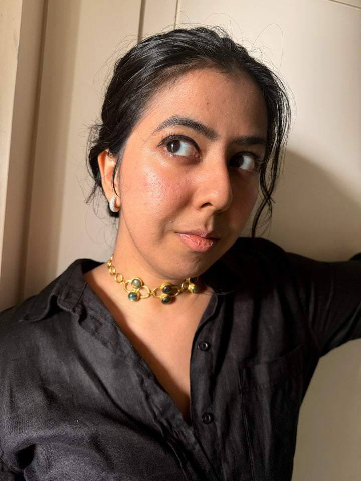 Handmade Brass Choker with Natural Labradorite | Adjustable Modern Gold Polish Necklace by SHIVKA