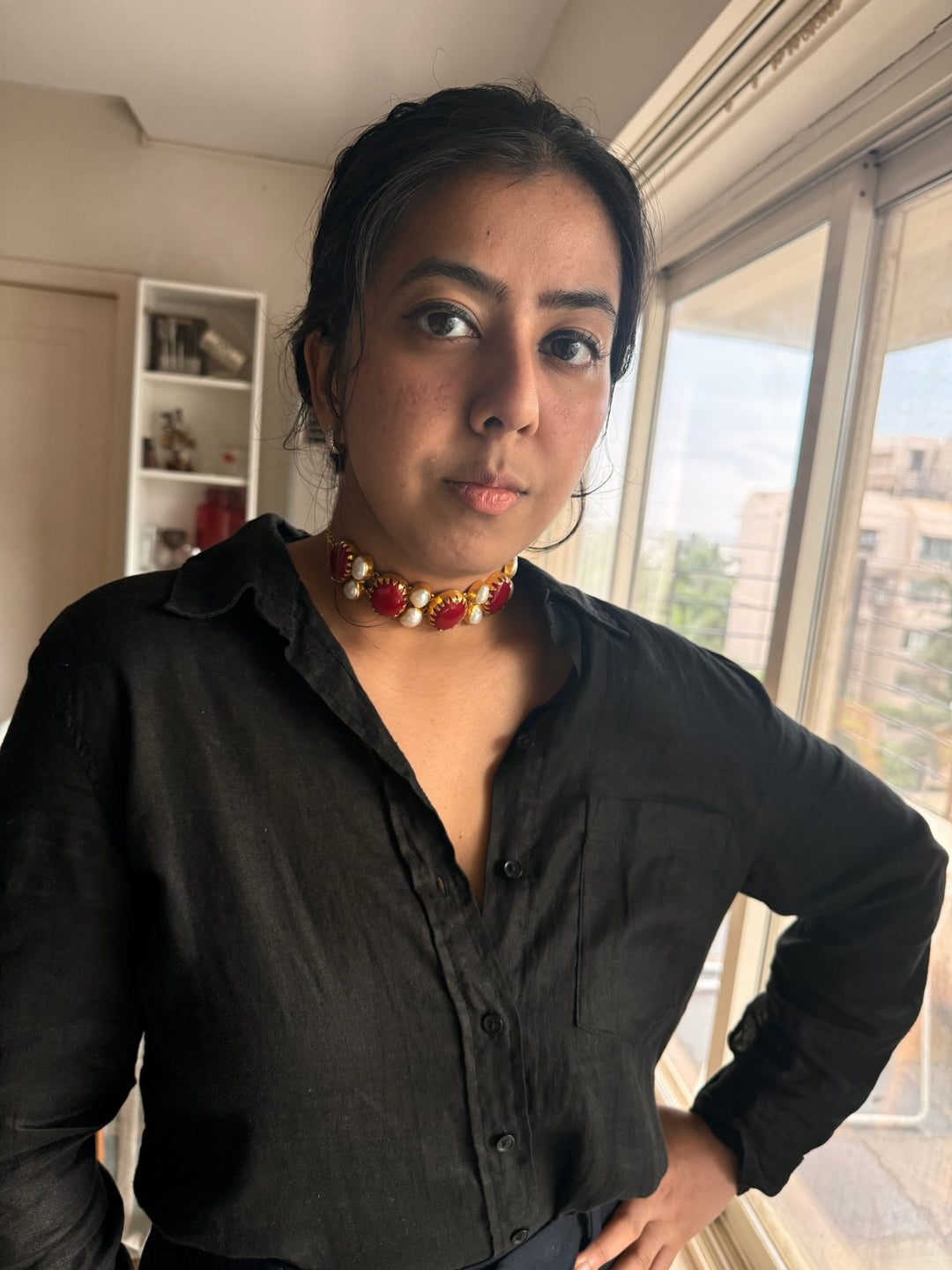 Handmade Brass Choker with Corals & Baroque Pearls | Adjustable Modern Gold Polish Necklace by SHIVKA