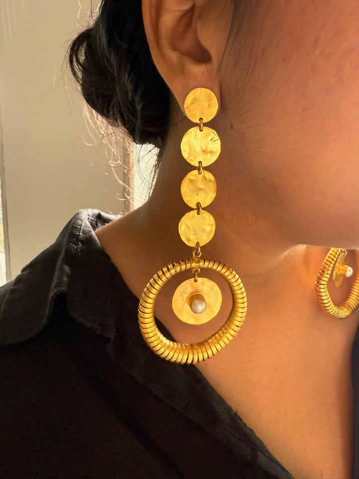 Handmade Statement Baroque Pearl Danglers | Modern Gold Polish Brass Earrings by SHIVKA