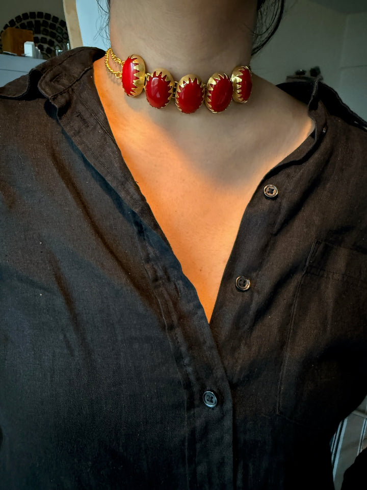 Handmade Brass Choker with Coral | Adjustable Modern Gold Polish Necklace by SHIVKA