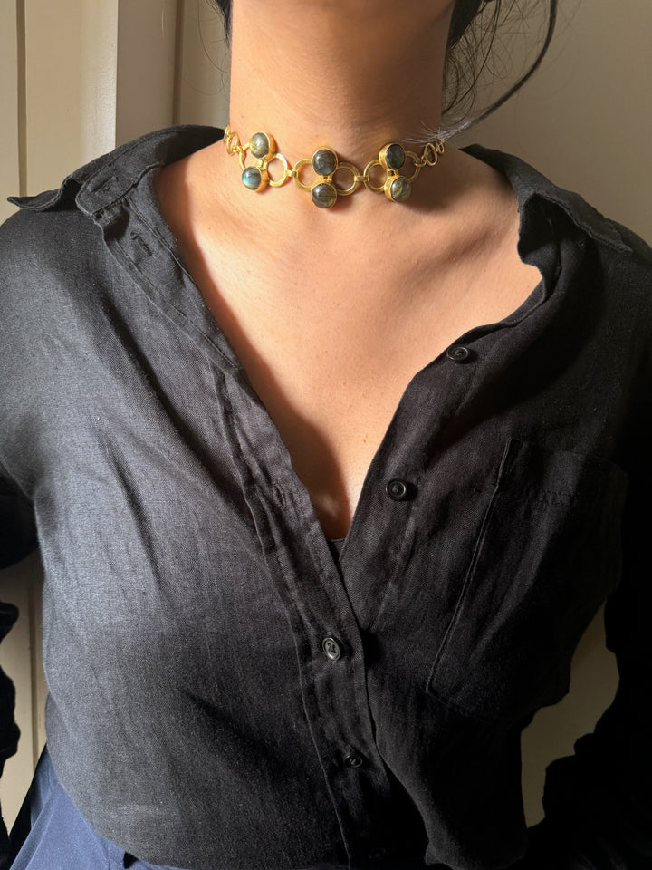Handmade Brass Choker with Natural Labradorite | Adjustable Modern Gold Polish Necklace by SHIVKA