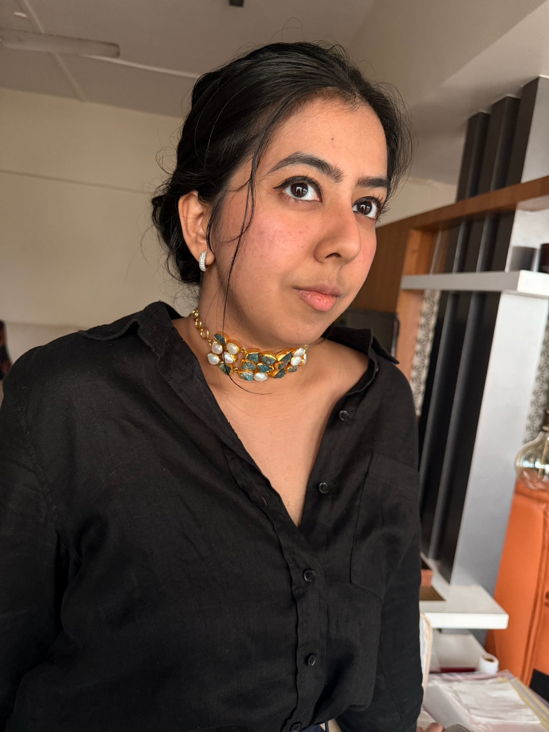 Handmade Choker with Malachite & Baroque Pearls | Adjustable Modern Gold Polish Necklace by SHIVKA