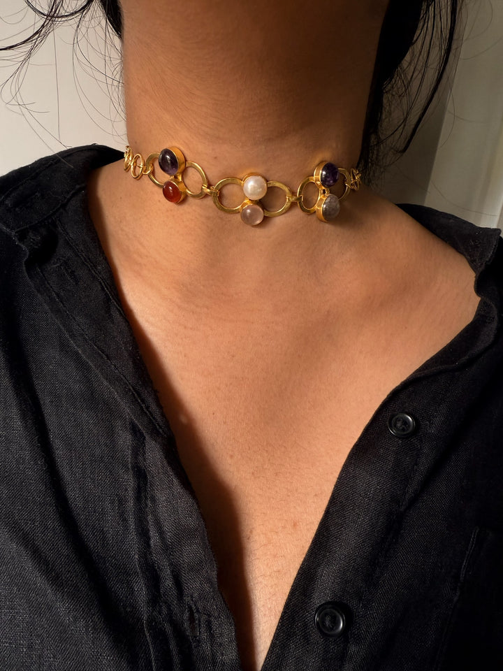 Handmade Brass Choker with Natural Multi Gemstones | Adjustable Modern Gold Polish Necklace by SHIVKA