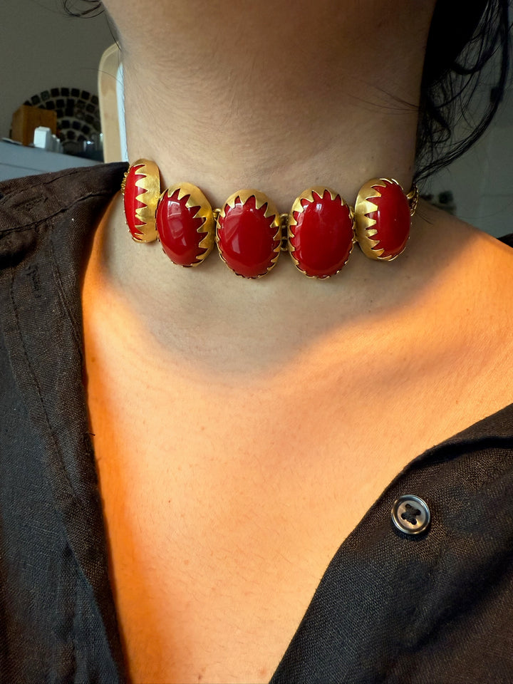 Handmade Brass Choker with Coral | Adjustable Modern Gold Polish Necklace by SHIVKA