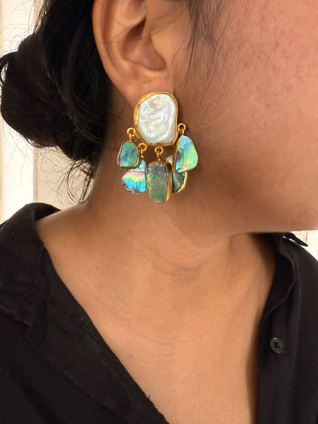 Handmade Brass Earrings with Abalone Shell & Baroque Pearls | Modern Gold Polish Statement Earrings by SHIVKA