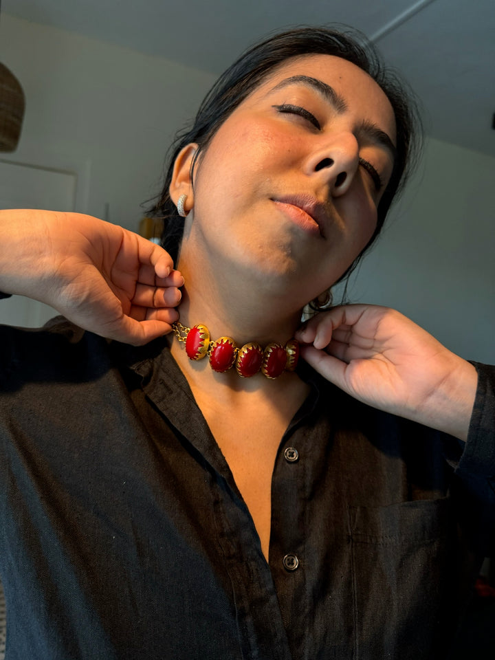 Handmade Brass Choker with Coral | Adjustable Modern Gold Polish Necklace by SHIVKA